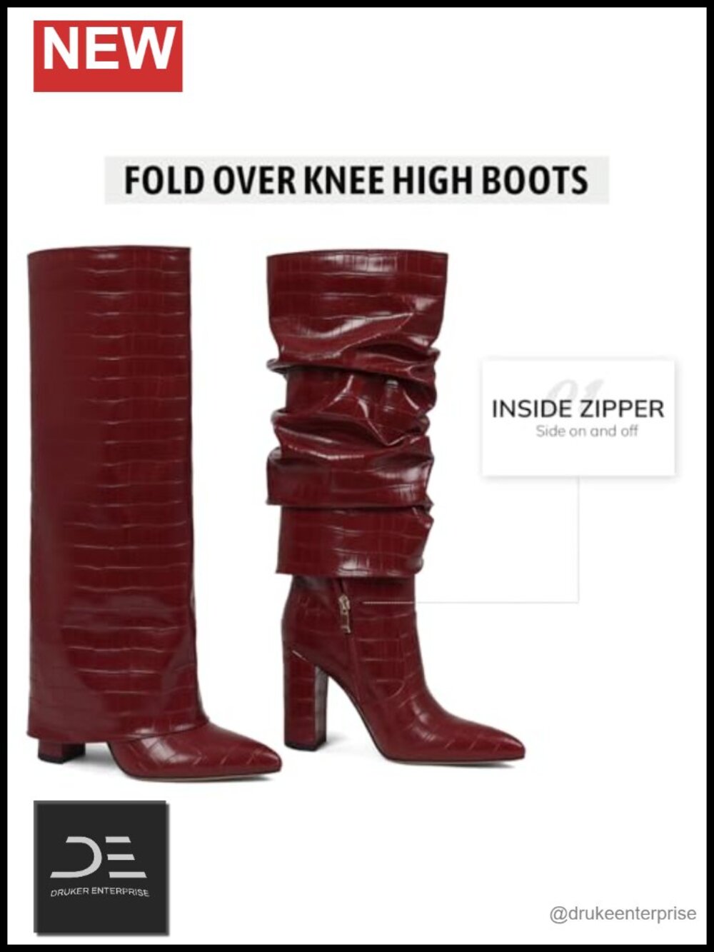 Wide Calf Knee High Boots Women Fold Over Chunky Heel Pointed Toe Faux Leather - Picture 4 of 6